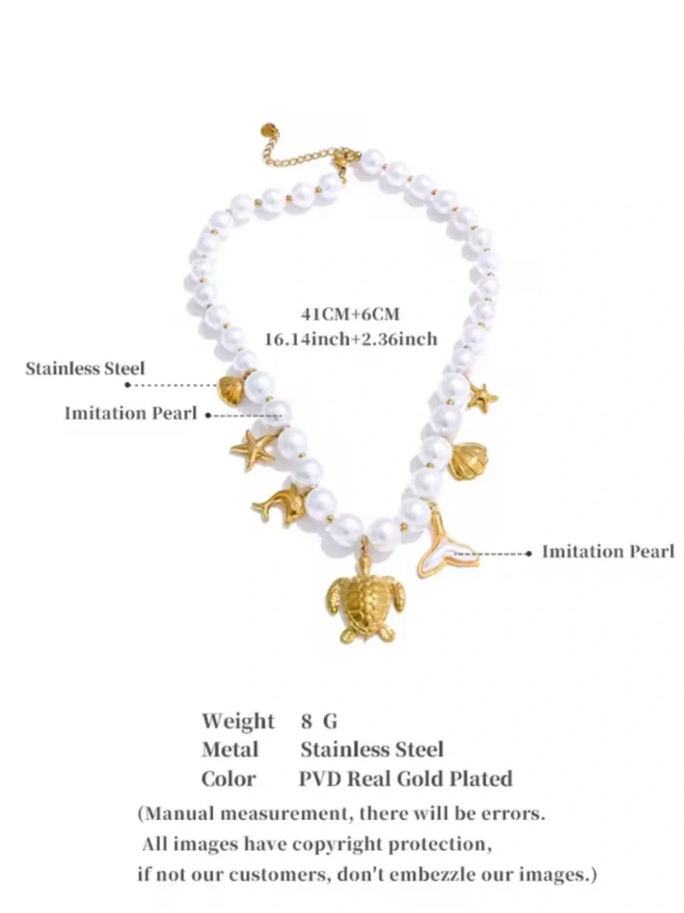 Gold Turtle Pearl Sea Life Charm Necklace